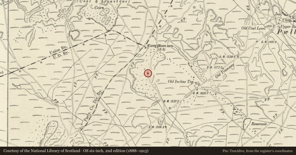 Ordnance Survey six-inch map, 2nd edition (1888–1913) covering the location of Ironstone Quarries at Carreg Maen Taro, Blaenavon, Monmouthshire, with a pin at the register's coordinates