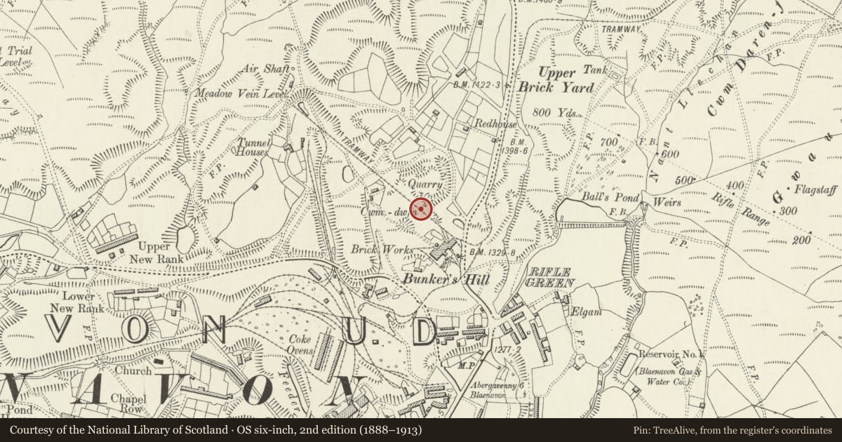 Ordnance Survey six-inch map, 2nd edition (1888–1913) covering the location of Blaenavon Upper Brick Yard, Torfaen, with a pin at the register's coordinates