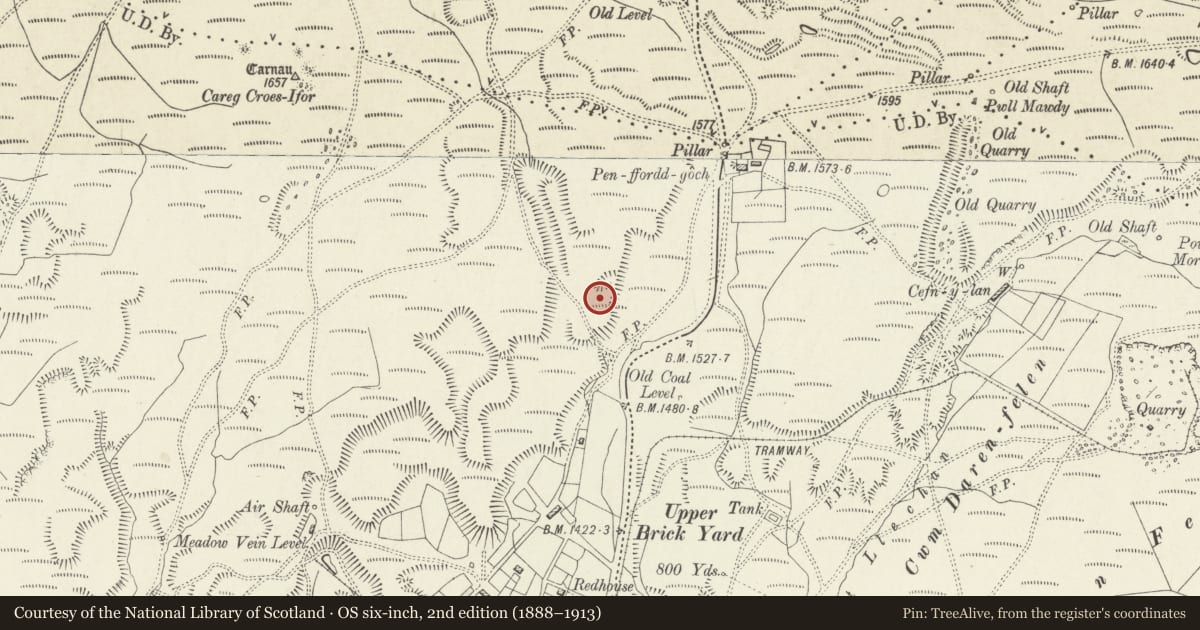 Ordnance Survey six-inch map, 2nd edition (1888–1913) covering the location of Coal and Iron Ore Workings West of Abergavenny Road, Blaenavon, Torfaen, with a pin at the register's coordinates