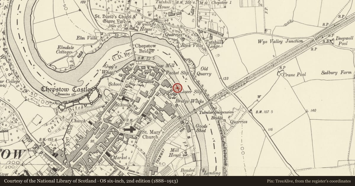 Ordnance Survey six-inch map, 2nd edition (1888–1913) covering the location of Chepstow Town Slipway, Monmouthshire, with a pin at the register's coordinates