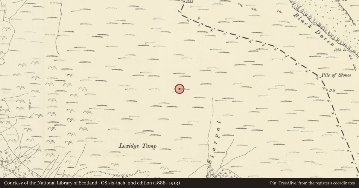 Ordnance Survey six-inch map, 2nd edition (1888–1913) covering the location of Loxidge Tump cairn, Crucorney, Monmouthshire, with a pin at the register's coordinates
