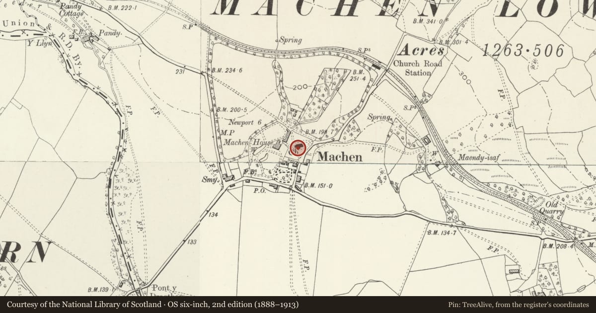 Ordnance Survey six-inch map, 2nd edition (1888–1913) covering the location of St. Michael's Churchyard Cross, Machen, Graig, Newport, with a pin at the register's coordinates