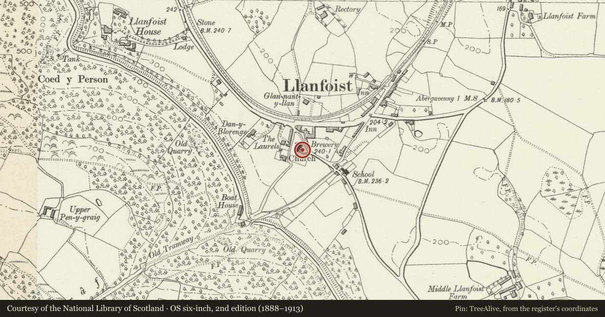 Ordnance Survey six-inch map, 2nd edition (1888–1913) covering the location of St. Faith's Churchyard Cross, Llanfoist, Llanfoist Fawr, Monmouthshire, with a pin at the register's coordinates