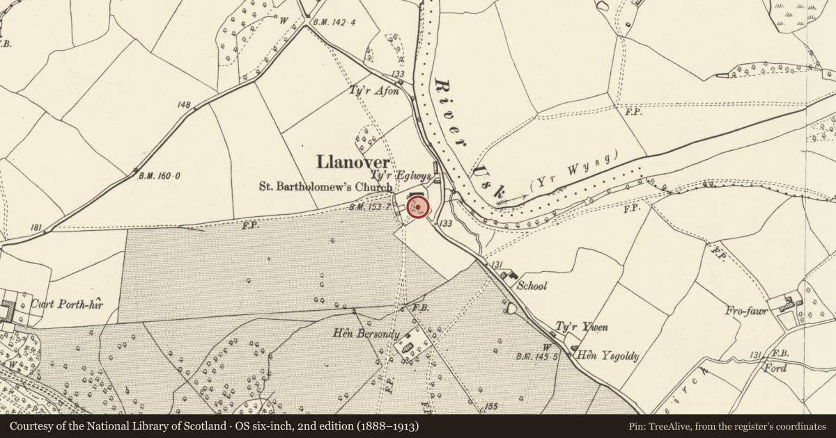 Ordnance Survey six-inch map, 2nd edition (1888–1913) covering the location of St. Bartholomew's Churchyard Cross, Llanover, Monmouthshire, with a pin at the register's coordinates