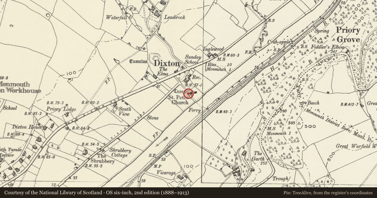 Ordnance Survey six-inch map, 2nd edition (1888–1913) covering the location of St. Peter's Churchyard Cross, Dixton, Monmouth, Monmouthshire, with a pin at the register's coordinates