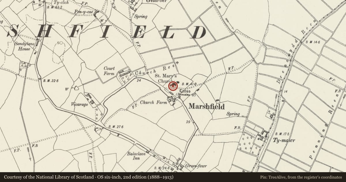 Ordnance Survey six-inch map, 2nd edition (1888–1913) covering the location of St. Mary's Churchyard Cross, Marshfield, Newport, with a pin at the register's coordinates