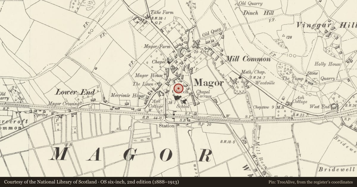 Ordnance Survey six-inch map, 2nd edition (1888–1913) covering the location of St. Mary's Churchyard Crosses, Magor, Magor with Undy, Monmouthshire, with a pin at the register's coordinates