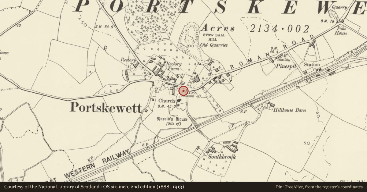 Ordnance Survey six-inch map, 2nd edition (1888–1913) covering the location of St. Mary's Churchyard Cross, Portskewett, Monmouthshire, with a pin at the register's coordinates