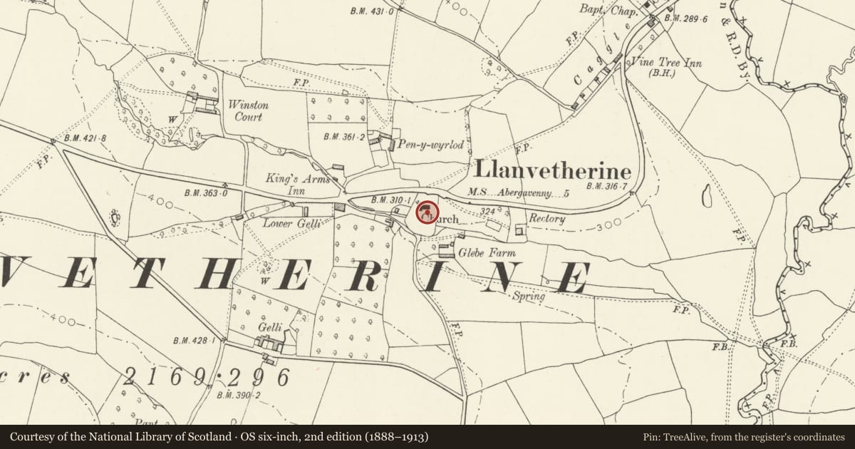 Ordnance Survey six-inch map, 2nd edition (1888–1913) covering the location of St. James's Churchyard Cross, Llanvetherine, Grosmont, Monmouthshire, with a pin at the register's coordinates