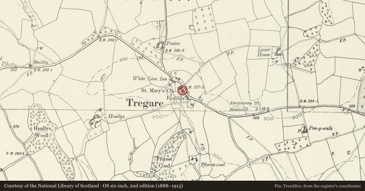 Ordnance Survey six-inch map, 2nd edition (1888–1913) covering the location of St. Mary's Churchyard Cross, Tregaer, Mitchel Troy, Monmouthshire, with a pin at the register's coordinates