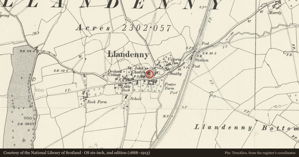 Ordnance Survey six-inch map, 2nd edition (1888–1913) covering the location of St. John's Churchyard Cross, Llandenny, Raglan, Monmouthshire, with a pin at the register's coordinates