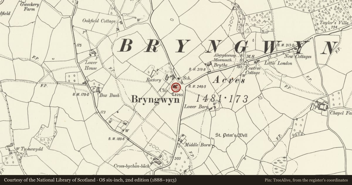Ordnance Survey six-inch map, 2nd edition (1888–1913) covering the location of St. Peter's Churchyard Cross, Bryngwyn, Llanarth, Monmouthshire, with a pin at the register's coordinates
