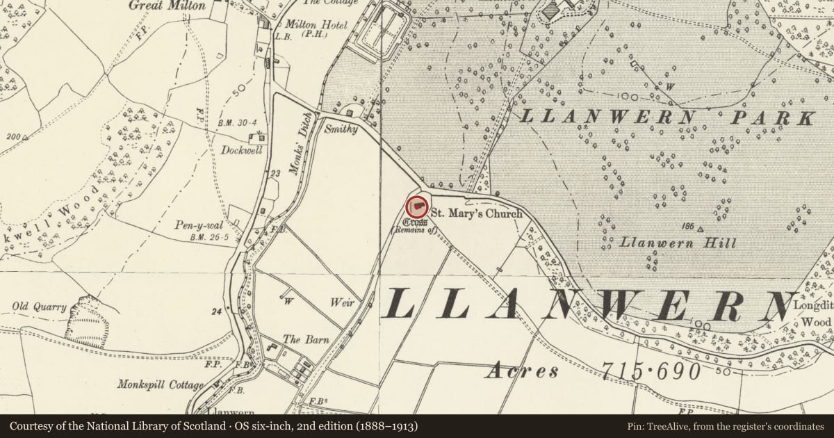 Ordnance Survey six-inch map, 2nd edition (1888–1913) covering the location of St. Mary's Churchyard Cross, Llanwern, Newport, with a pin at the register's coordinates