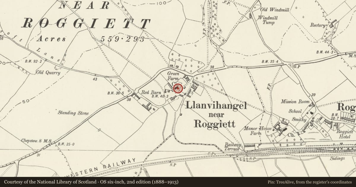 Ordnance Survey six-inch map, 2nd edition (1888–1913) covering the location of St. Michael's Churchyard Cross, Llanfihangel Rogiet, Monmouthshire, with a pin at the register's coordinates