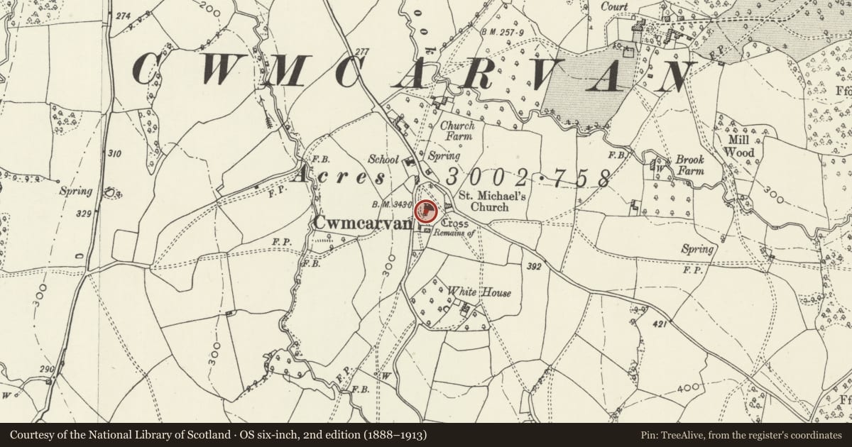 Ordnance Survey six-inch map, 2nd edition (1888–1913) covering the location of St. Catwg's Churchyard Cross, Cwmcarfan, Mitchel Troy, Monmouthshire, with a pin at the register's coordinates
