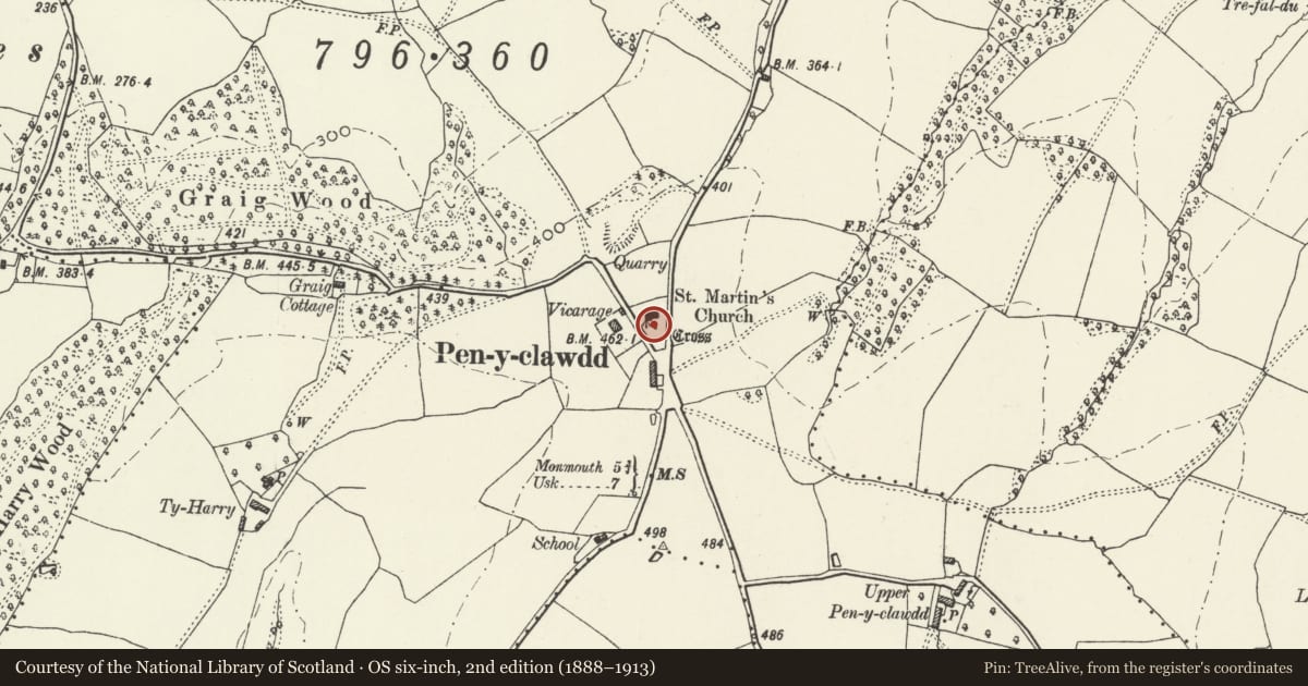 Ordnance Survey six-inch map, 2nd edition (1888–1913) covering the location of St. Martin's Churchyard Cross, Pen y Clawdd, Raglan, Monmouthshire, with a pin at the register's coordinates