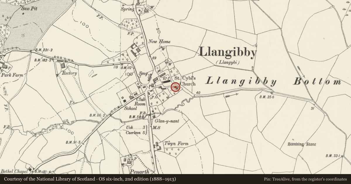 Ordnance Survey six-inch map, 2nd edition (1888–1913) covering the location of Ffynnon Cybi (St. Cybi's Well), Llangybi, Monmouthshire, with a pin at the register's coordinates