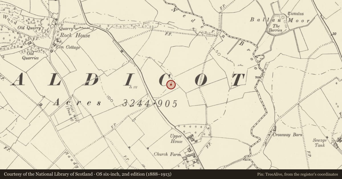 Ordnance Survey six-inch map, 2nd edition (1888–1913) covering the location of Church Farm Romano-British settlement, Caldicot, Monmouthshire, with a pin at the register's coordinates