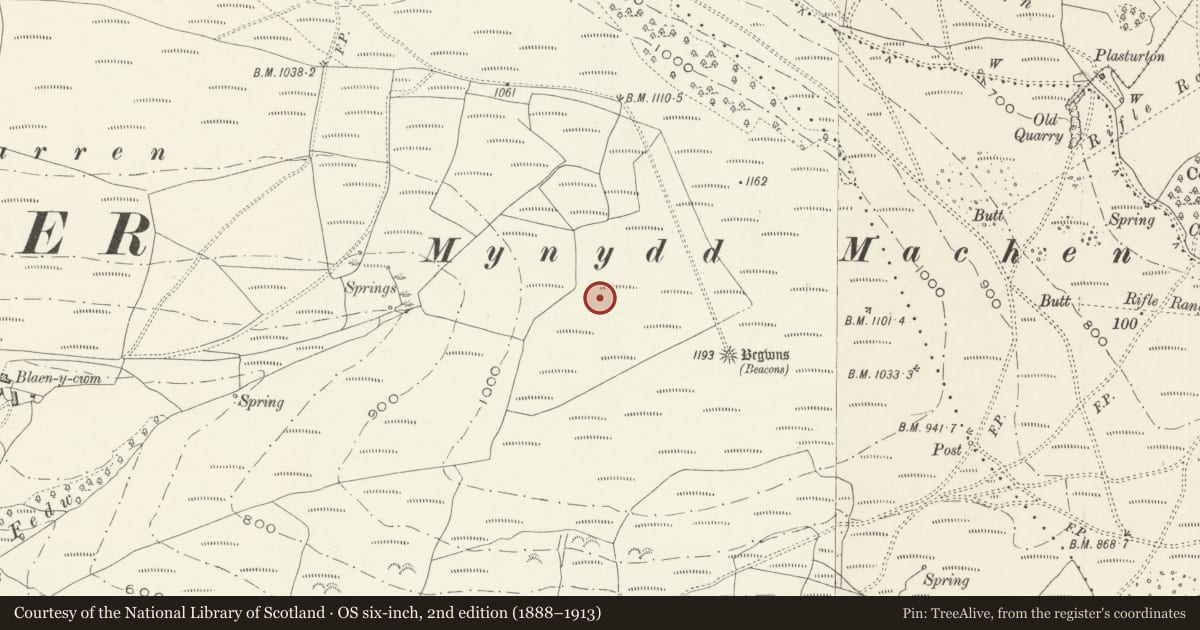Ordnance Survey six-inch map, 2nd edition (1888–1913) covering the location of House Platforms to W of Mynydd Machen, Bedwas, Trethomas and Machen, Caerphilly, with a pin at the register's coordinates