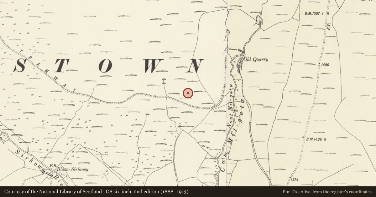 Ordnance Survey six-inch map, 2nd edition (1888–1913) covering the location of Trefil Tramroad, Tredegar, Blaenau Gwent, with a pin at the register's coordinates