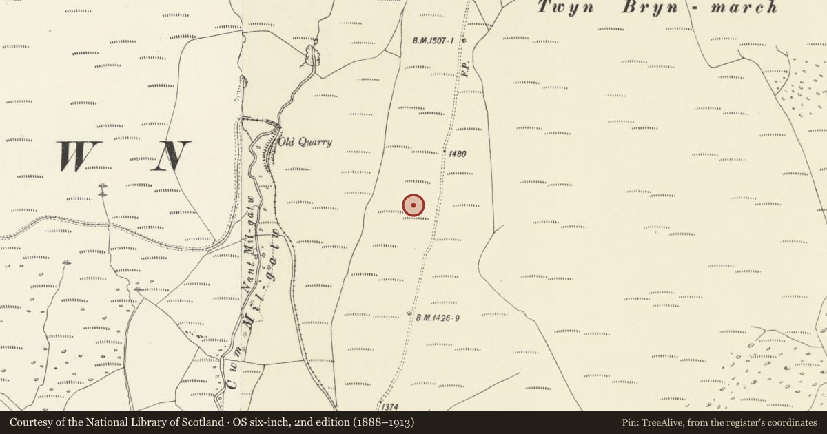 Ordnance Survey six-inch map, 2nd edition (1888–1913) covering the location of Twyn Bryn March round cairn, Tredegar, Blaenau Gwent, with a pin at the register's coordinates