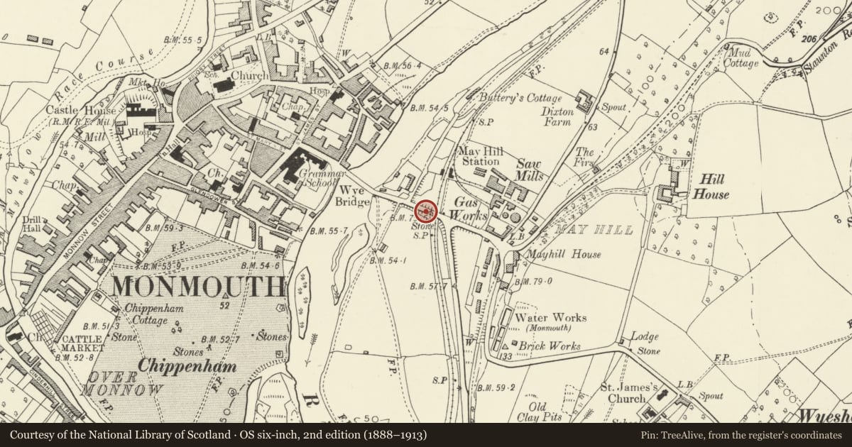 Ordnance Survey six-inch map, 2nd edition (1888–1913) covering the location of May Hill Pillboxes, Monmouth, Monmouthshire, with a pin at the register's coordinates