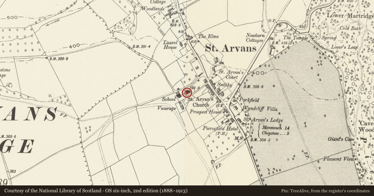 Ordnance Survey six-inch map, 2nd edition (1888–1913) covering the location of St Arvan's Church Cross-slab, St. Arvans, Monmouthshire, with a pin at the register's coordinates