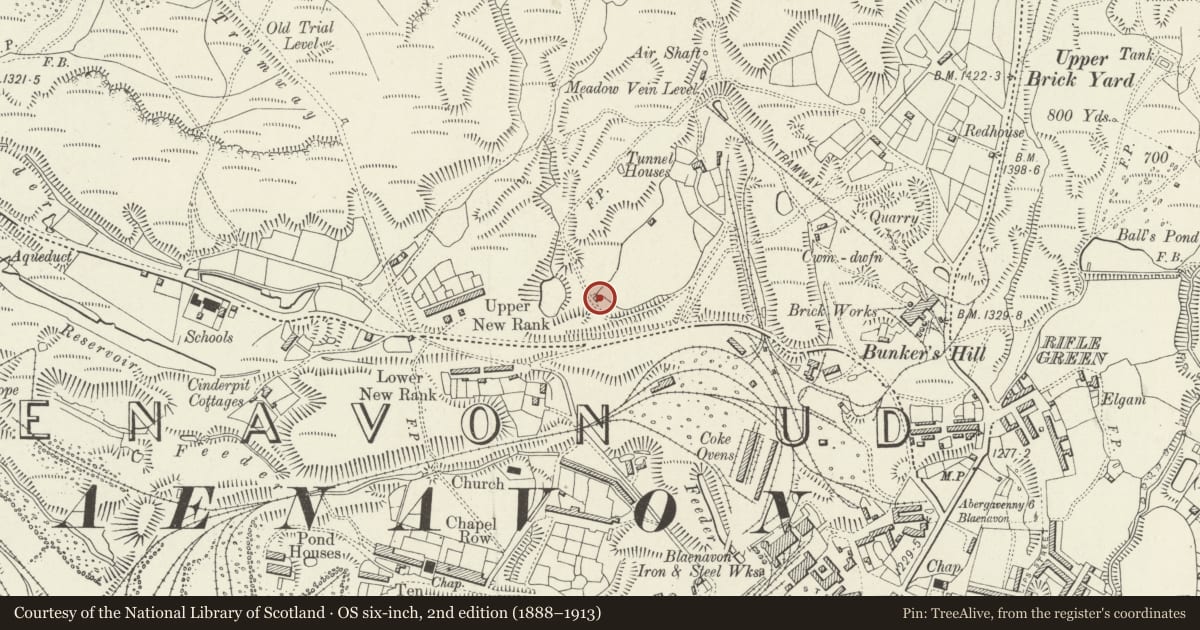 Ordnance Survey six-inch map, 2nd edition (1888–1913) covering the location of Garn Road Powder House 300m ENE of Ashgrove Bungalow, Blaenavon, Torfaen, with a pin at the register's coordinates