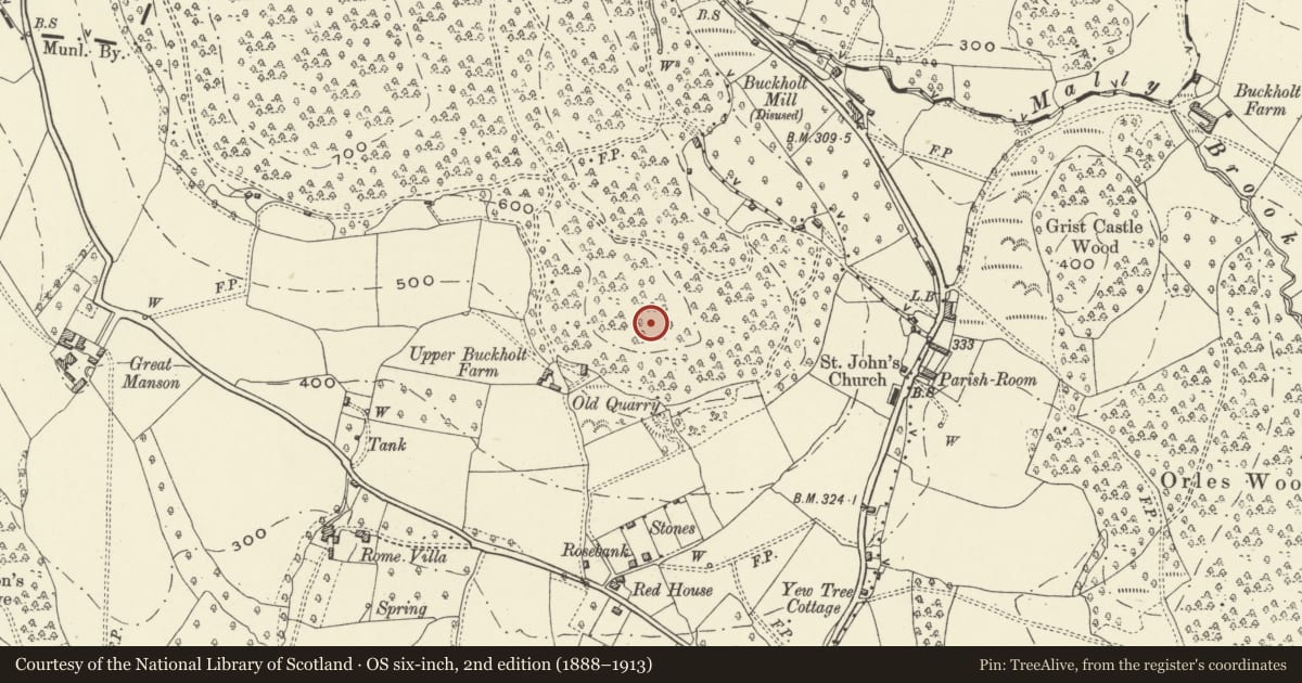 Ordnance Survey six-inch map, 2nd edition (1888–1913) covering the location of Buckholt Neolithic Enclosure, Monmouth, Monmouthshire, with a pin at the register's coordinates