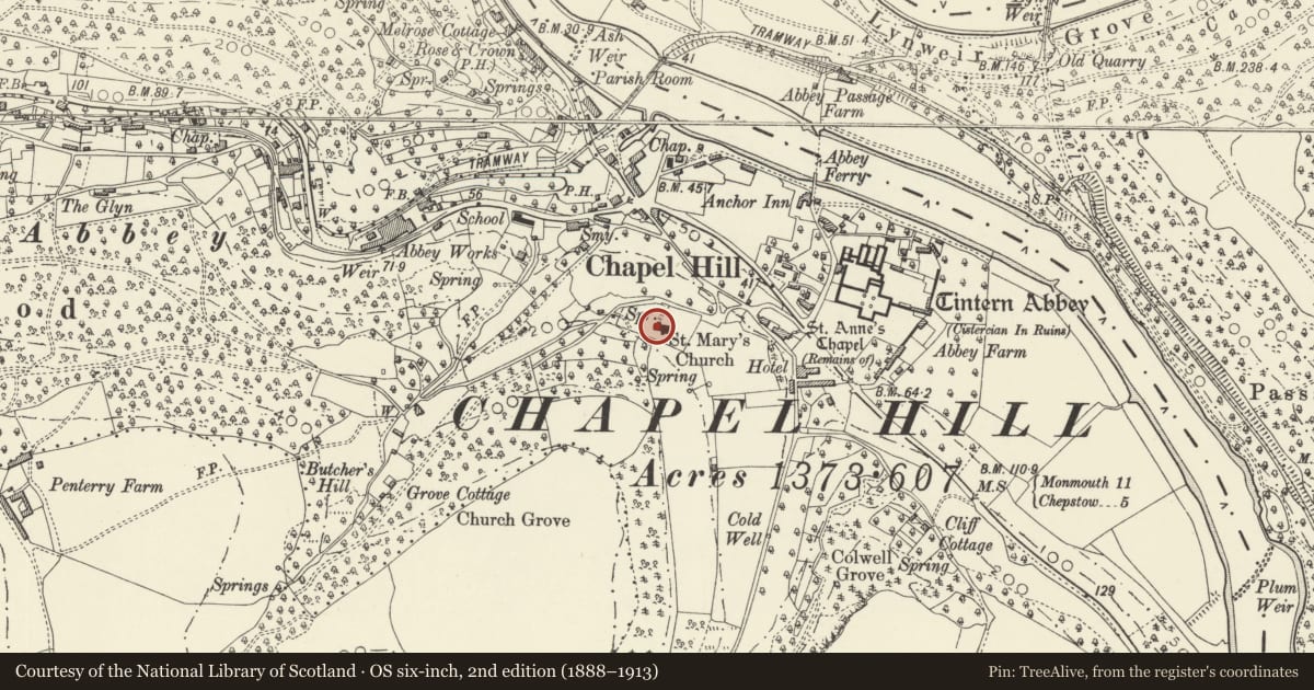 Ordnance Survey six-inch map, 2nd edition (1888–1913) covering the location of St Mary's Church, Chapel Hill, Wye Valley, Monmouthshire, with a pin at the register's coordinates