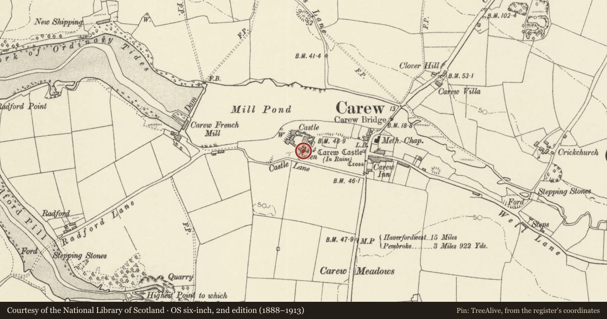 Ordnance Survey six-inch map, 2nd edition (1888–1913) covering the location of Carew Castle, Pembrokeshire, with a pin at the register's coordinates