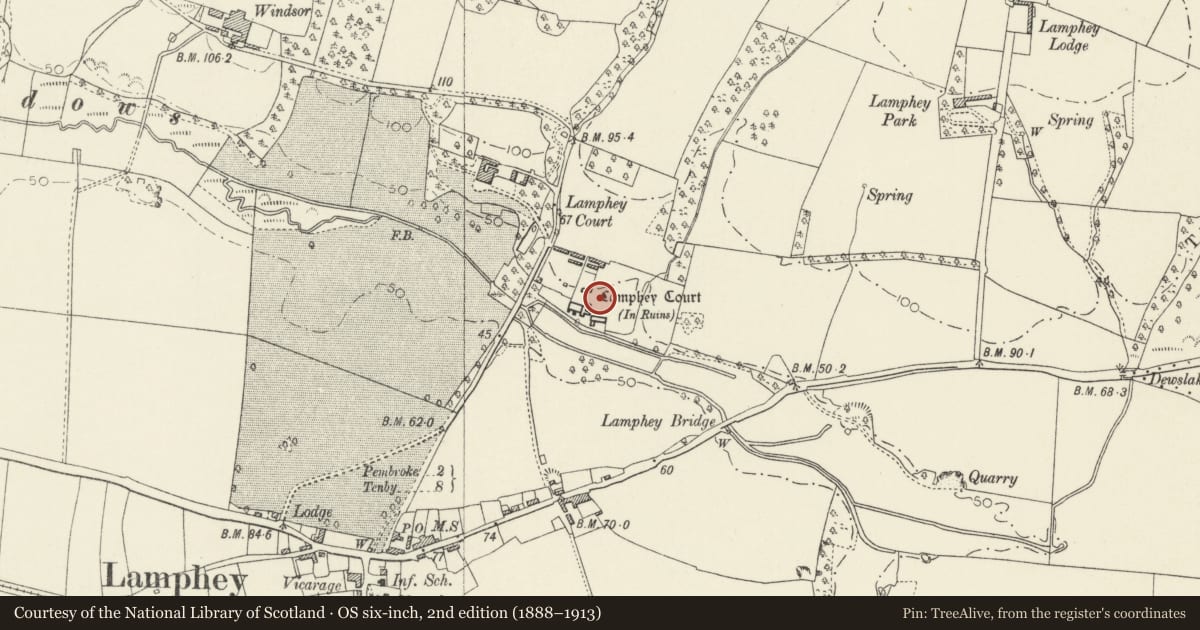 Ordnance Survey six-inch map, 2nd edition (1888–1913) covering the location of Bishop's Palace, Lamphey, Pembrokeshire, with a pin at the register's coordinates