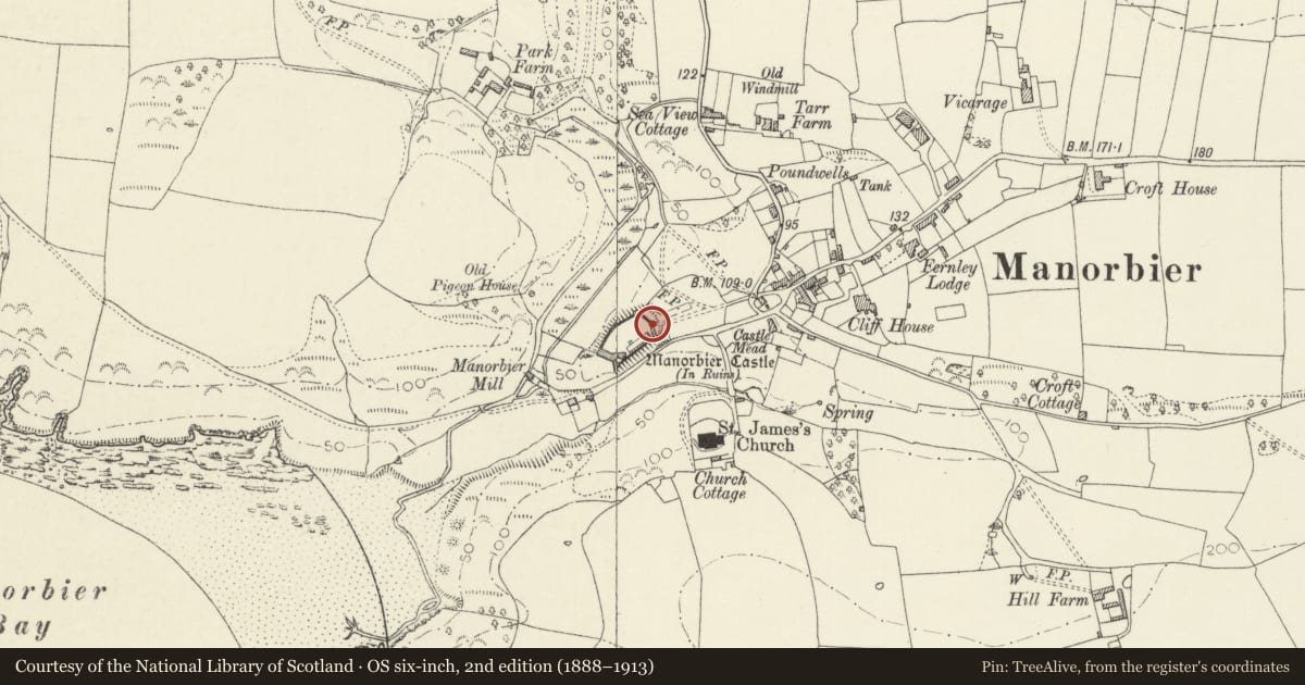 Ordnance Survey six-inch map, 2nd edition (1888–1913) covering the location of Manorbier Castle, Pembrokeshire, with a pin at the register's coordinates