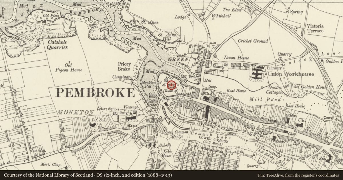 Ordnance Survey six-inch map, 2nd edition (1888–1913) covering the location of Pembroke Castle, Pembrokeshire, with a pin at the register's coordinates