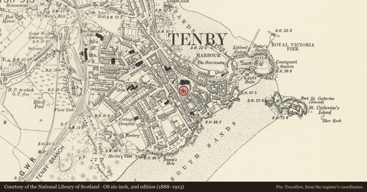 Ordnance Survey six-inch map, 2nd edition (1888–1913) covering the location of Tenby Town Wall, Pembrokeshire, with a pin at the register's coordinates