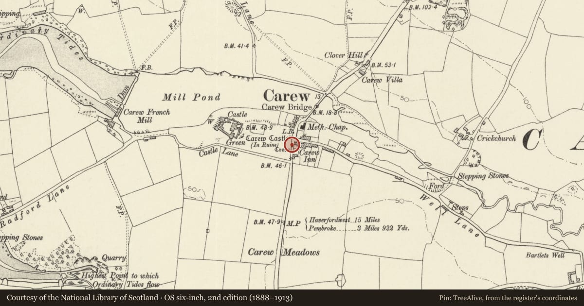 Ordnance Survey six-inch map, 2nd edition (1888–1913) covering the location of Carew Cross, Pembrokeshire, with a pin at the register's coordinates