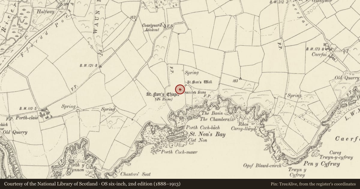 Ordnance Survey six-inch map, 2nd edition (1888–1913) covering the location of St Non's Chapel, St. David's and the Cathedral Close, Pembrokeshire, with a pin at the register's coordinates