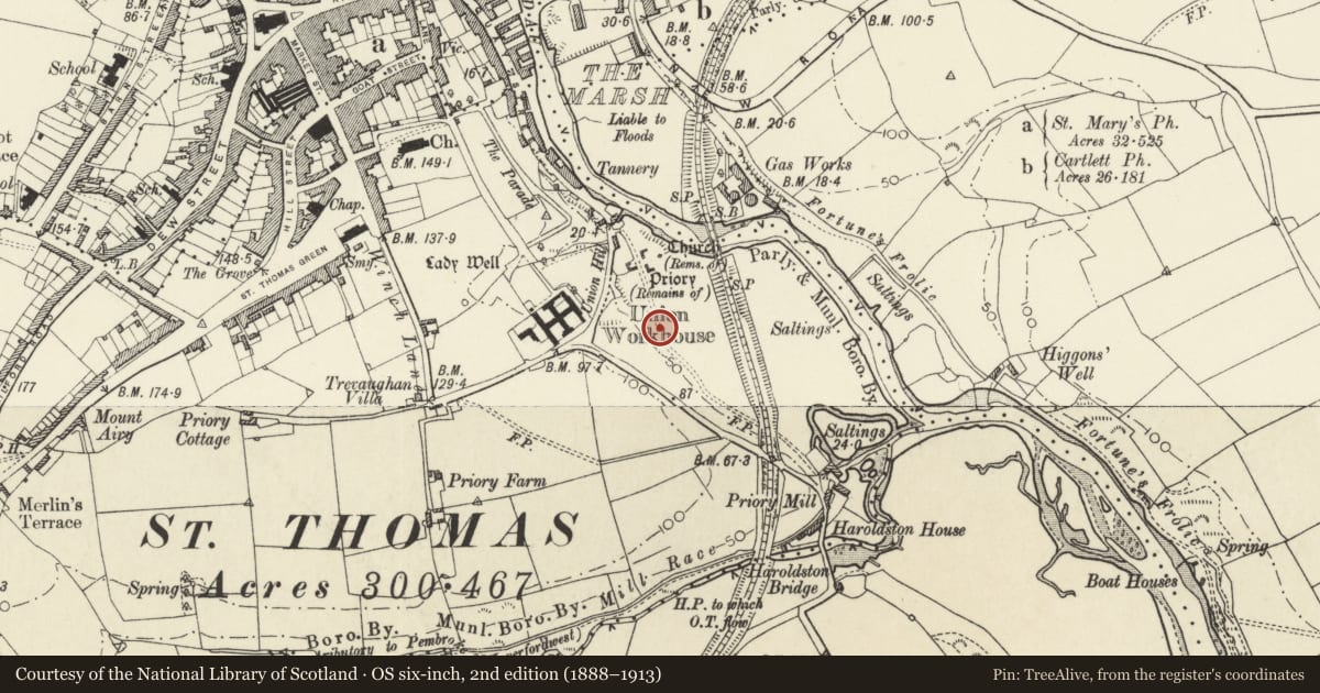 Ordnance Survey six-inch map, 2nd edition (1888–1913) covering the location of Haverfordwest Priory, Pembrokeshire, with a pin at the register's coordinates