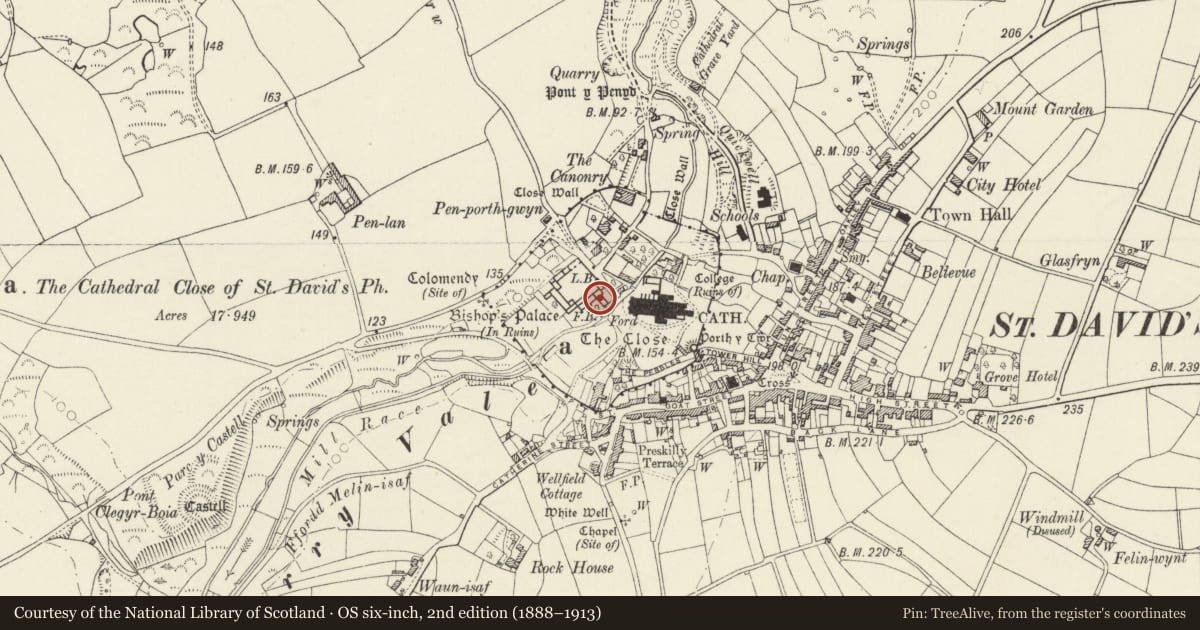 Ordnance Survey six-inch map, 2nd edition (1888–1913) covering the location of St Davids Cathedral Close: Close Wall and Sites of Former Gateways, St. David's and the Cathedral Close, Pembrokeshire, with a pin at the register's coordinates