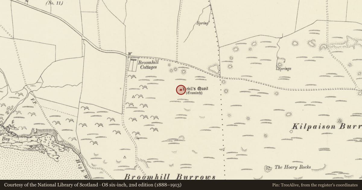 Ordnance Survey six-inch map, 2nd edition (1888–1913) covering the location of Devil's Quoit Burial Chamber, Angle, Pembrokeshire, with a pin at the register's coordinates