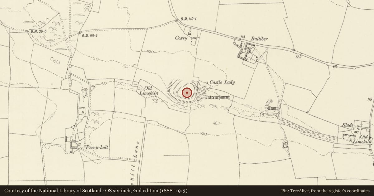 Ordnance Survey six-inch map, 2nd edition (1888–1913) covering the location of Bulliber Hill Camp, Castlemartin, Pembrokeshire, with a pin at the register's coordinates