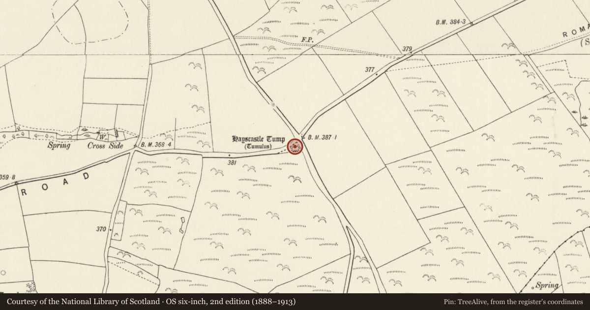 Ordnance Survey six-inch map, 2nd edition (1888–1913) covering the location of Tump Round Barrow, Hayscastle, Pembrokeshire, with a pin at the register's coordinates