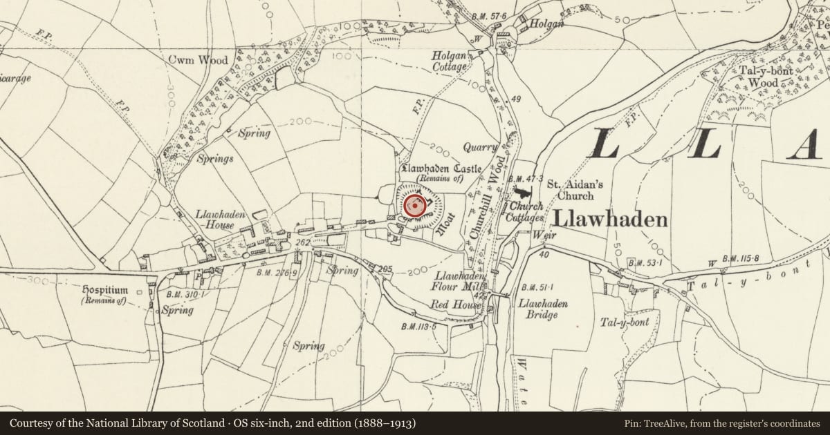 Ordnance Survey six-inch map, 2nd edition (1888–1913) covering the location of Llawhaden Castle, Pembrokeshire, with a pin at the register's coordinates