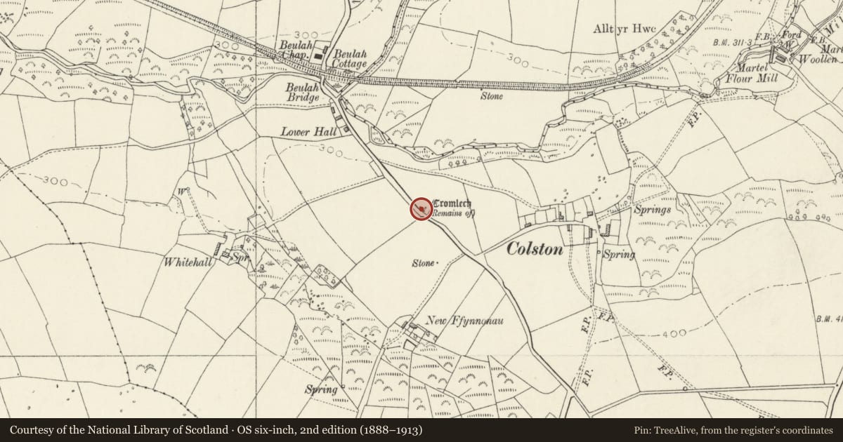 Ordnance Survey six-inch map, 2nd edition (1888–1913) covering the location of Colston Burial Chamber, Puncheston, Pembrokeshire, with a pin at the register's coordinates