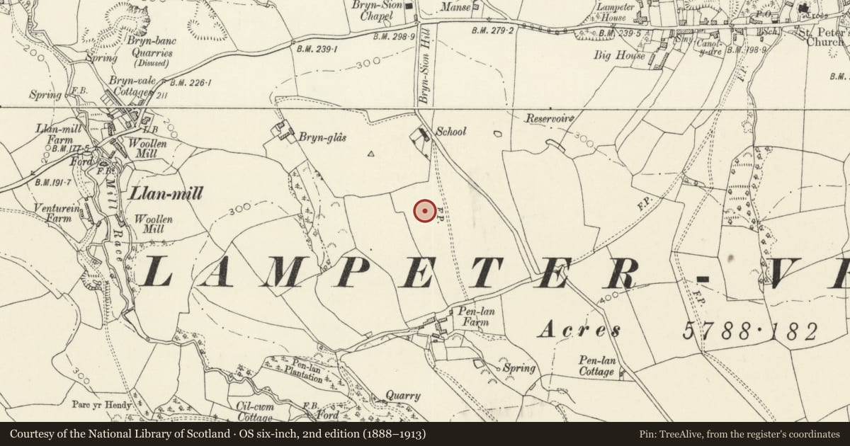 Ordnance Survey six-inch map, 2nd edition (1888–1913) covering the location of Llan Burial Chamber, Lampeter Velfrey, Pembrokeshire, with a pin at the register's coordinates