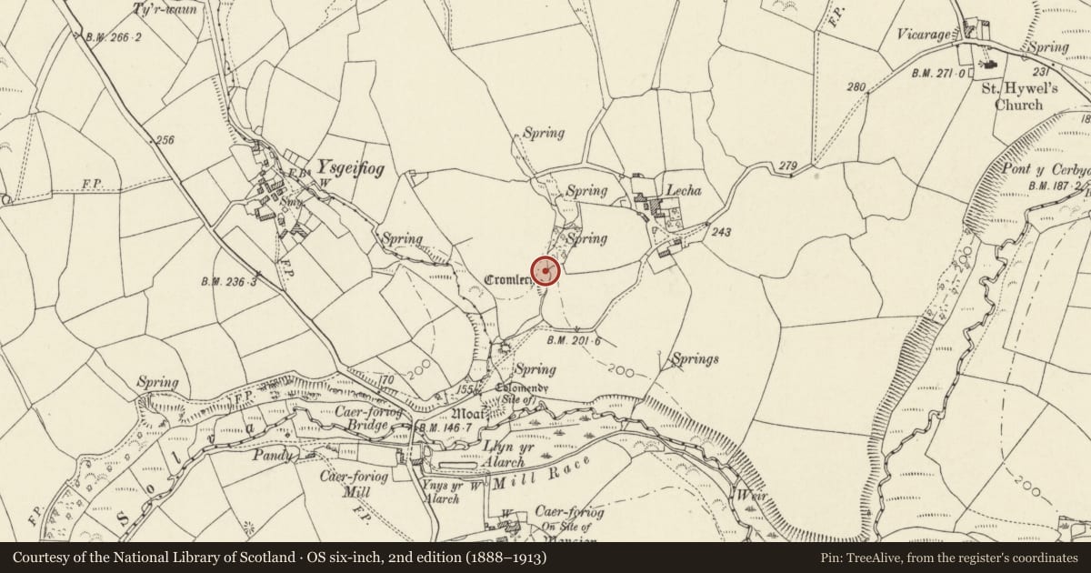 Ordnance Survey six-inch map, 2nd edition (1888–1913) covering the location of Lecha Burial Chamber, Llanrhian, Pembrokeshire, with a pin at the register's coordinates