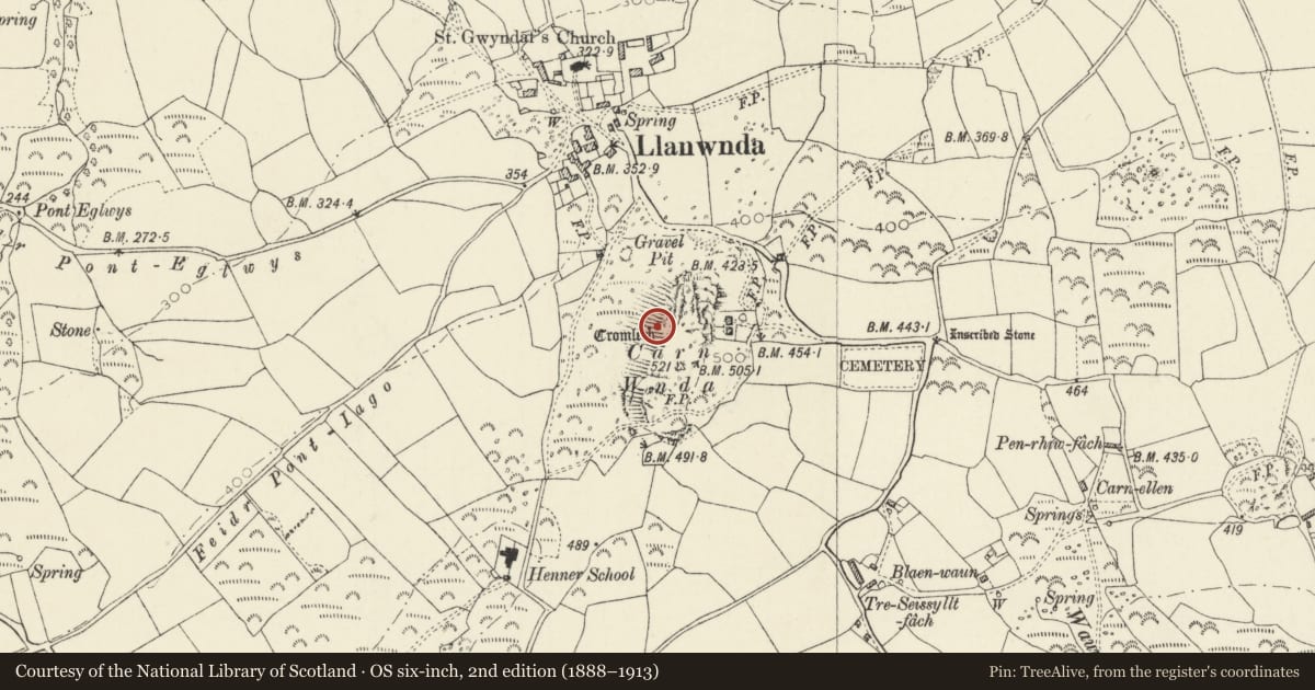 Ordnance Survey six-inch map, 2nd edition (1888–1913) covering the location of Carn Wnda Burial Chamber, Pencaer, Pembrokeshire, with a pin at the register's coordinates