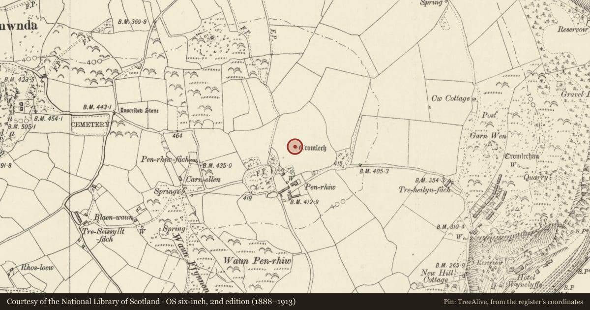 Ordnance Survey six-inch map, 2nd edition (1888–1913) covering the location of Pen-Rhiw Burial Chamber, Fishguard and Goodwick, Pembrokeshire, with a pin at the register's coordinates