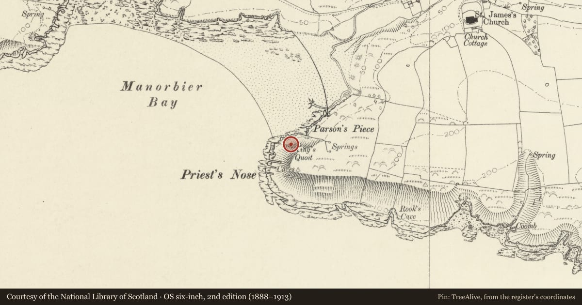 Ordnance Survey six-inch map, 2nd edition (1888–1913) covering the location of King's Quoit Burial Chamber, Manorbier, Pembrokeshire, with a pin at the register's coordinates