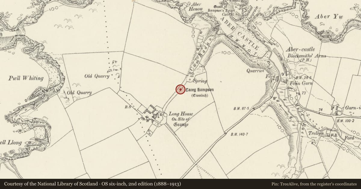 Ordnance Survey six-inch map, 2nd edition (1888–1913) covering the location of Carreg Samson Burial Chamber, Mathry, Pembrokeshire, with a pin at the register's coordinates